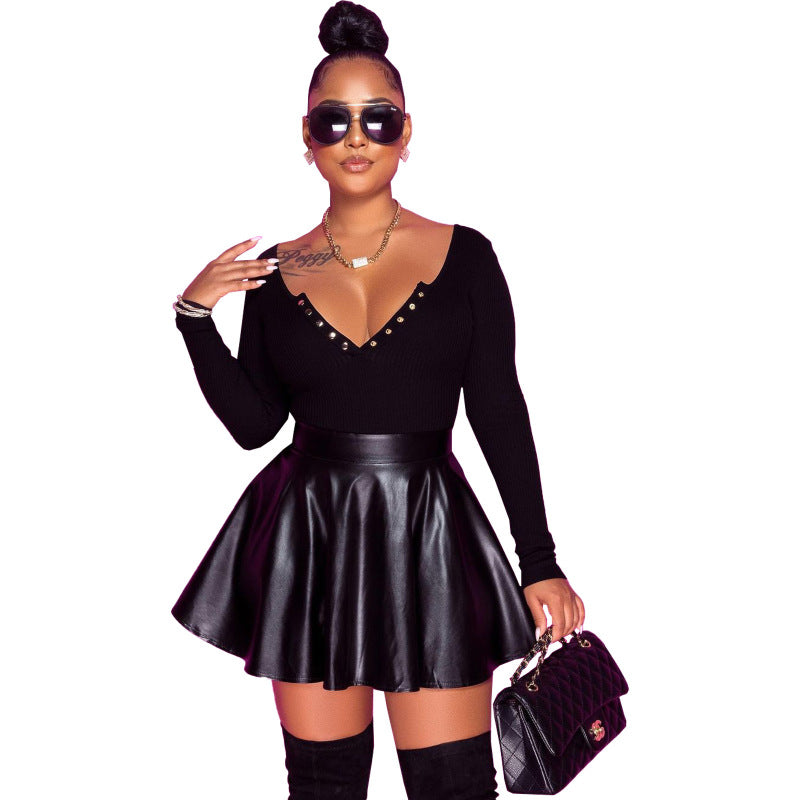 Margot Sexy Solid Color PU Leather Swing Women's Half Mini Skirt