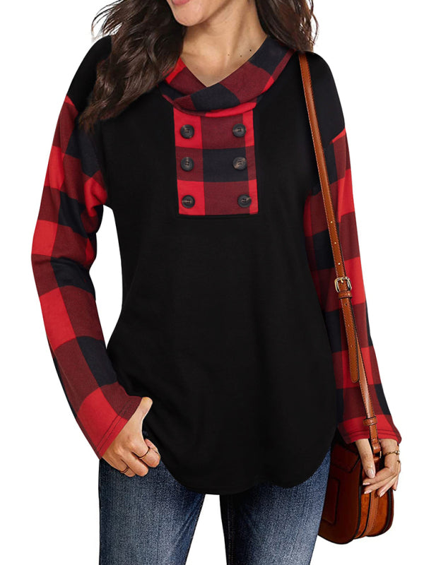 Harley New Stitching Long-Sleeved Printed Plaid Hooded Sweater T-Shirt For Women