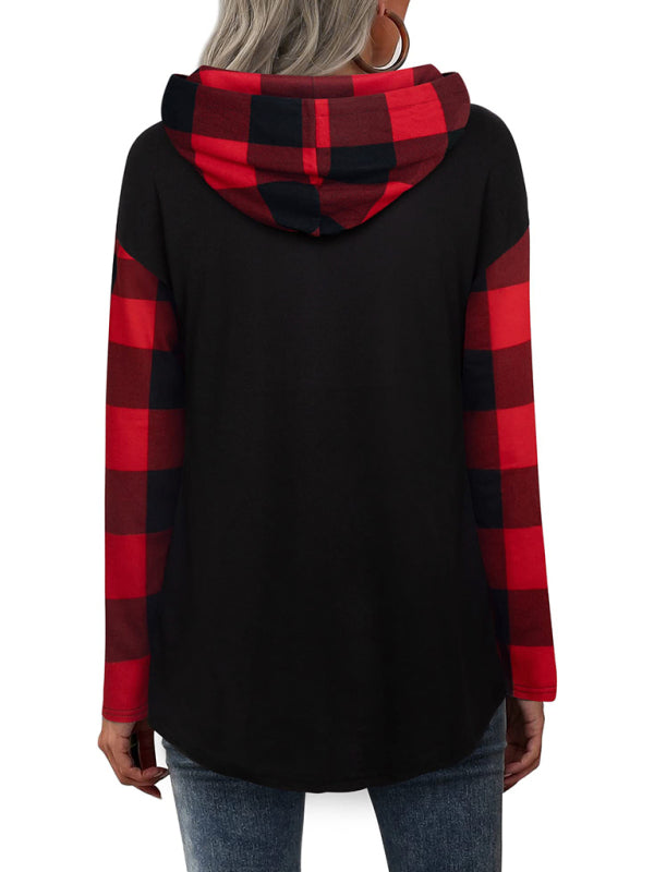 Harley New Stitching Long-Sleeved Printed Plaid Hooded Sweater T-Shirt For Women