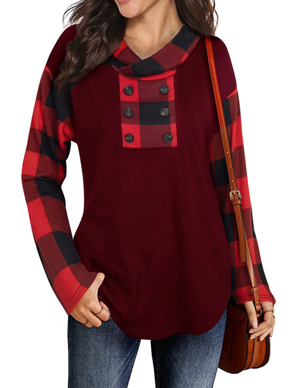Harley New Stitching Long-Sleeved Printed Plaid Hooded Sweater T-Shirt For Women