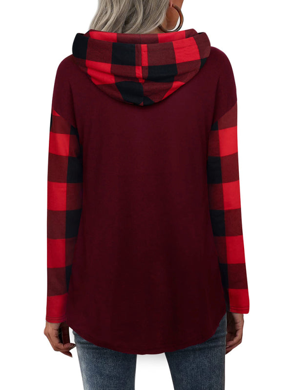 Harley New Stitching Long-Sleeved Printed Plaid Hooded Sweater T-Shirt For Women