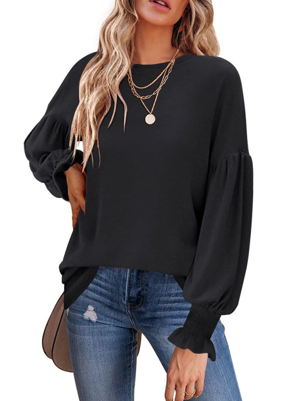 Kailee Round Neck Pleated Balloon Sleeve Ladies Long Sleeve Top