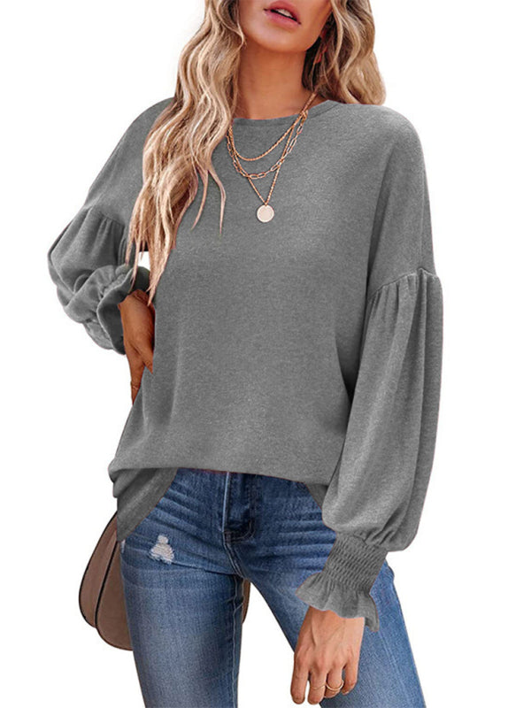 Kailee Round Neck Pleated Balloon Sleeve Ladies Long Sleeve Top