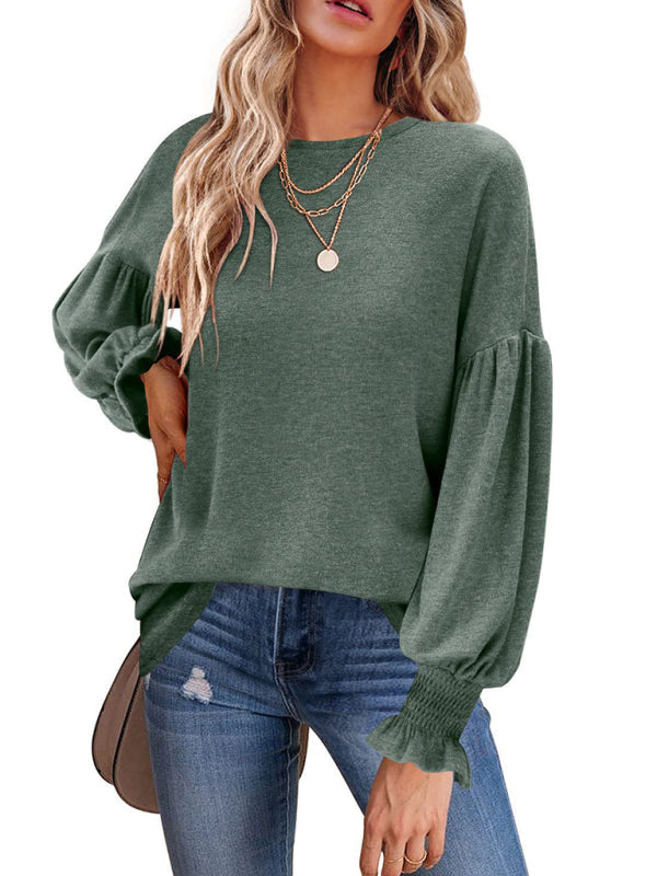 Kailee Round Neck Pleated Balloon Sleeve Ladies Long Sleeve Top