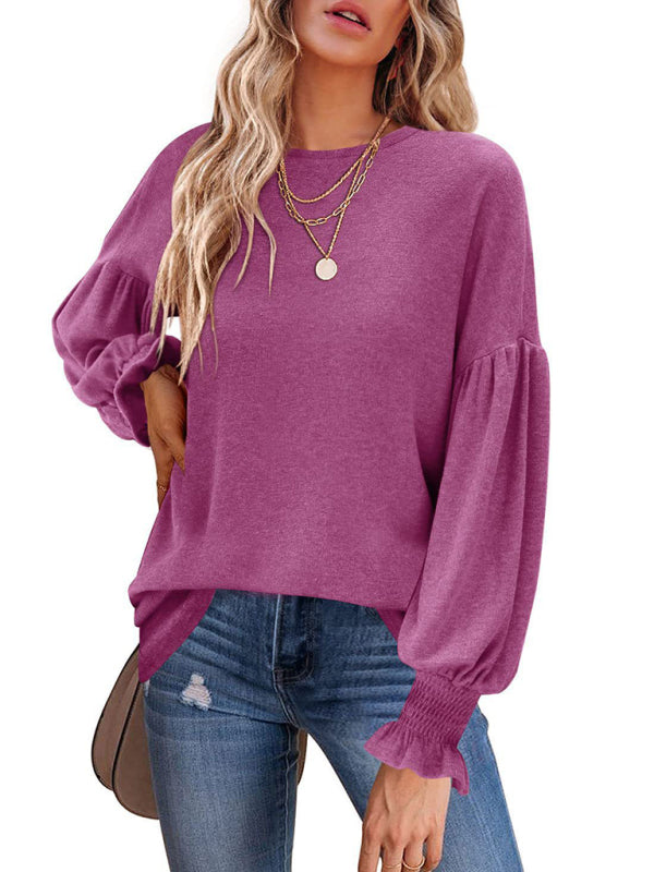 Kailee Round Neck Pleated Balloon Sleeve Ladies Long Sleeve Top