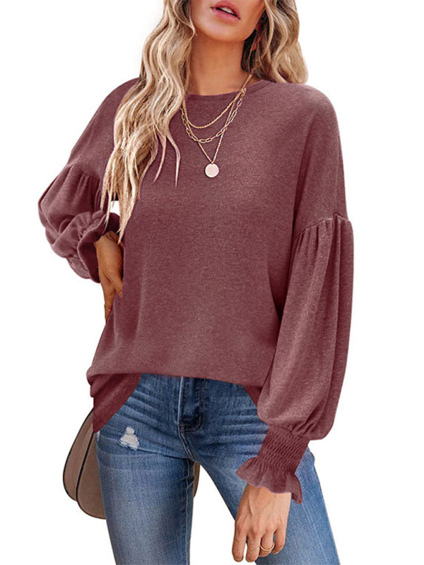 Kailee Round Neck Pleated Balloon Sleeve Ladies Long Sleeve Top