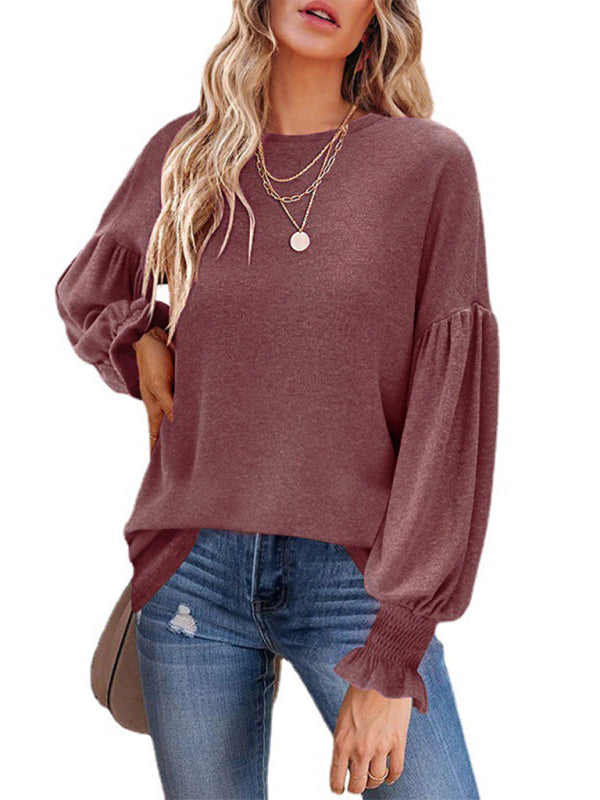 Kailee Round Neck Pleated Balloon Sleeve Ladies Long Sleeve Top