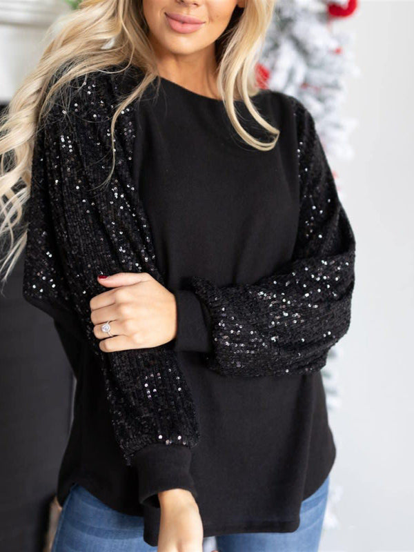 Emery Sequin Stitching Women's Round Neck Loose Raglan Sleeve Fashion Top