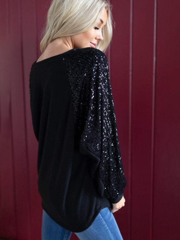 Emery Sequin Stitching Women's Round Neck Loose Raglan Sleeve Fashion Top