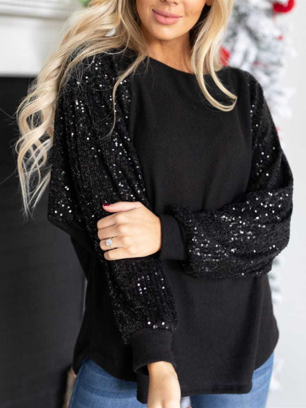 Emery Sequin Stitching Women's Round Neck Loose Raglan Sleeve Fashion Top