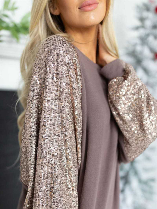 Emery Sequin Stitching Women's Round Neck Loose Raglan Sleeve Fashion Top