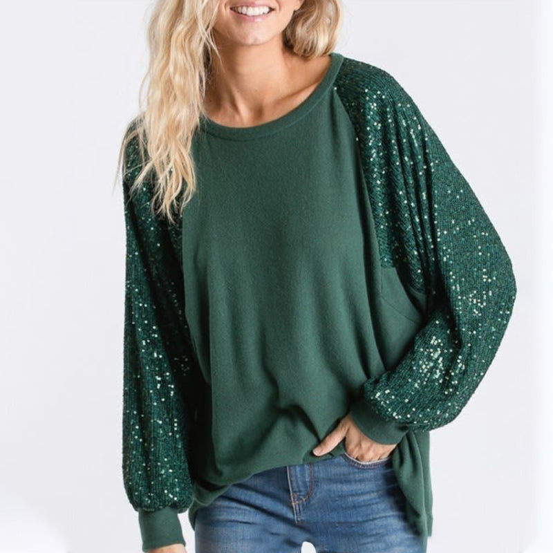 Emery Sequin Stitching Women's Round Neck Loose Raglan Sleeve Fashion Top