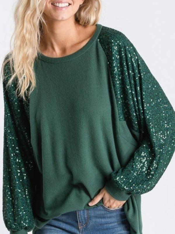 Emery Sequin Stitching Women's Round Neck Loose Raglan Sleeve Fashion Top