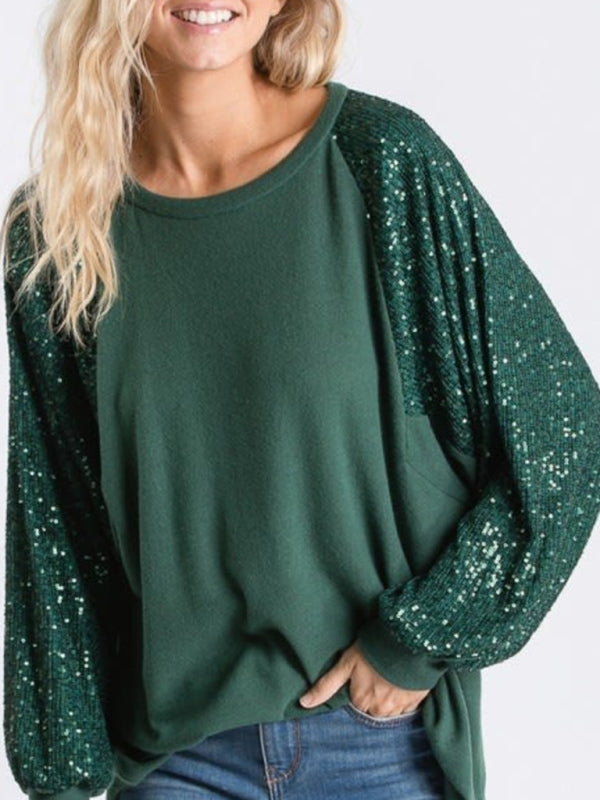 Emery Sequin Stitching Women's Round Neck Loose Raglan Sleeve Fashion Top