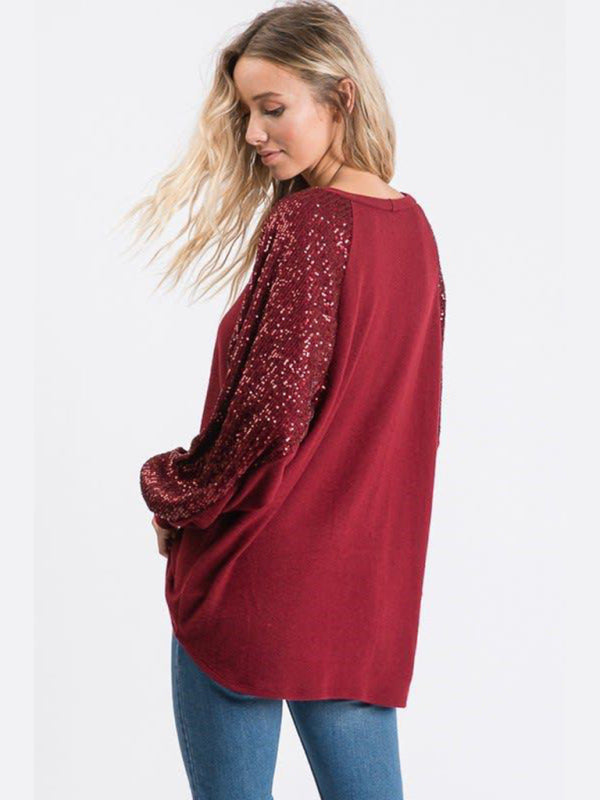 Emery Sequin Stitching Women's Round Neck Loose Raglan Sleeve Fashion Top