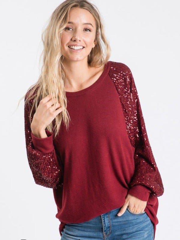 Emery Sequin Stitching Women's Round Neck Loose Raglan Sleeve Fashion Top