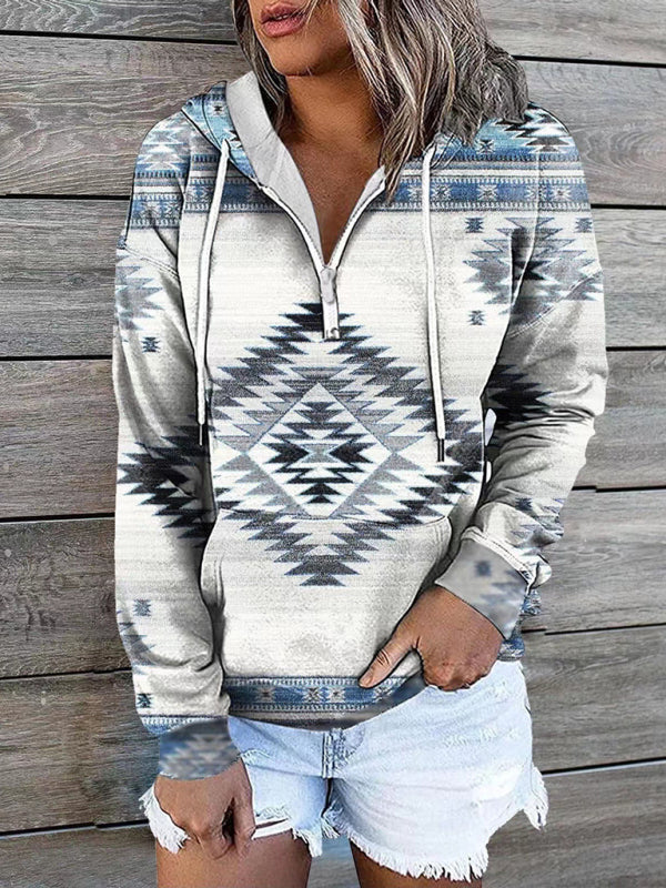 Lea New Ethnic Tribal Print Hooded Sweater Jacket Top