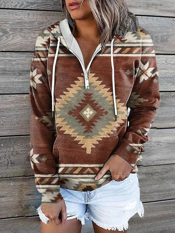 Lea New Ethnic Tribal Print Hooded Sweater Jacket Top
