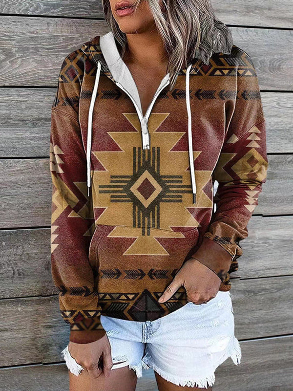 Lea New Ethnic Tribal Print Hooded Sweater Jacket Top