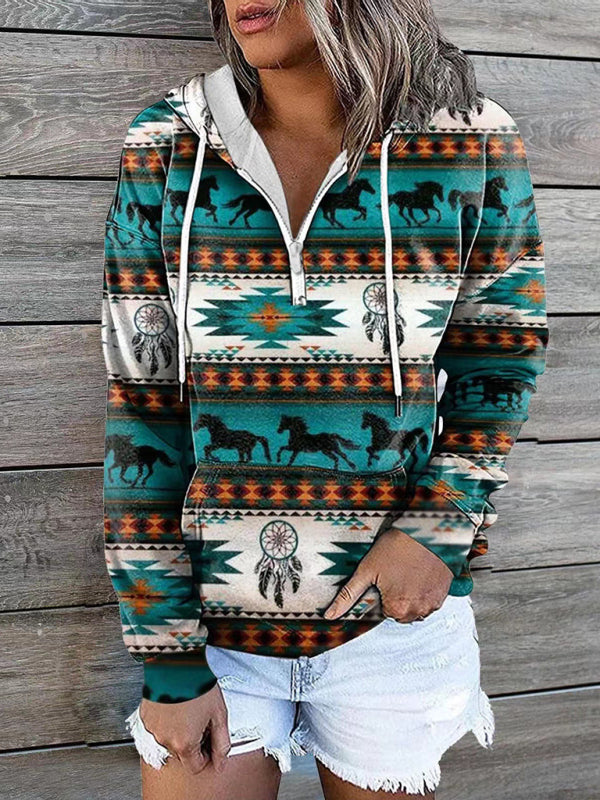 Lea New Ethnic Tribal Print Hooded Sweater Jacket Top