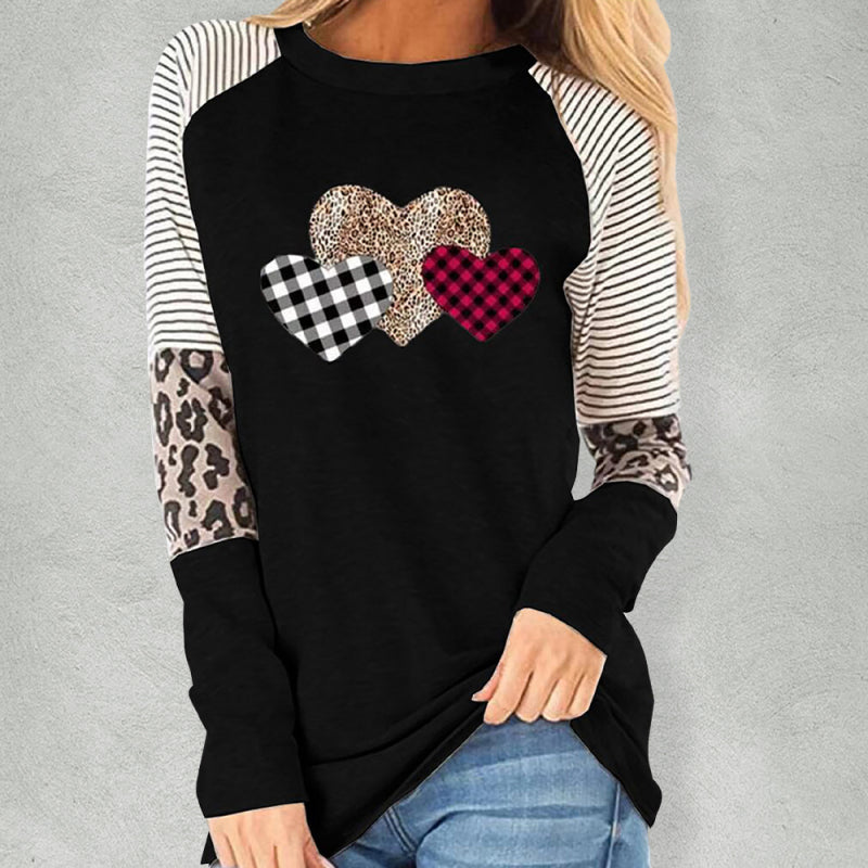 Allison Women's Valentine's Day Long Sleeve Mosaic Peach Heart Casual Round Neck Loose Top