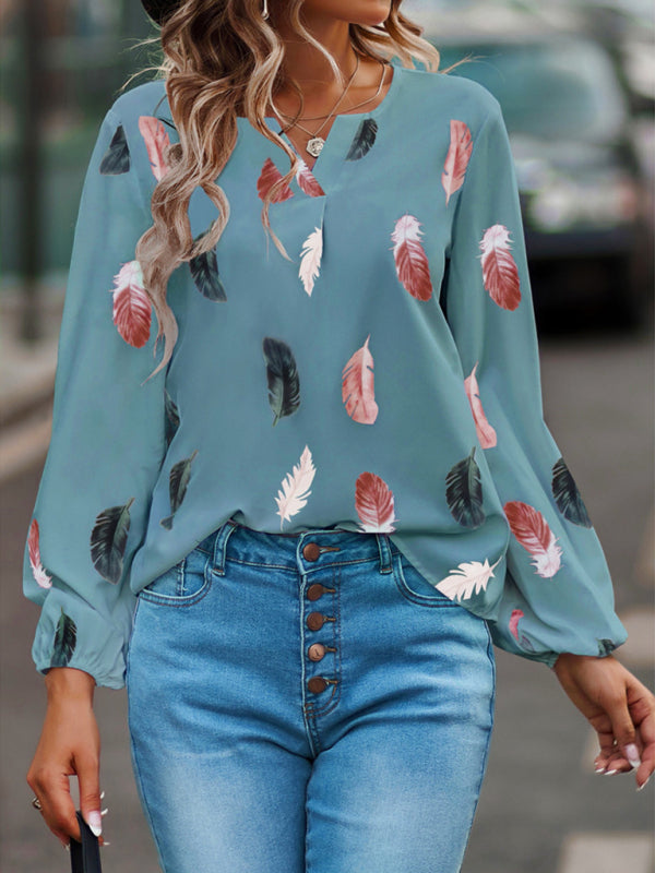 Ivanna V Neck Feather Print Long Sleeve Oversized T-Shirt Shirt