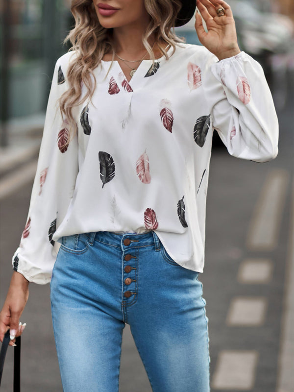 Ivanna V Neck Feather Print Long Sleeve Oversized T-Shirt Shirt