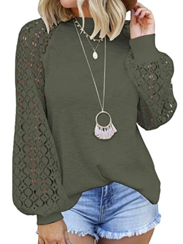 Ashly Waffle Round Neck Long Sleeve Lace Panel Loose T-Shirt