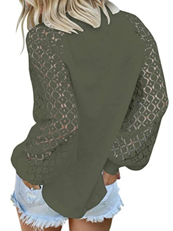 Ashly Waffle Round Neck Long Sleeve Lace Panel Loose T-Shirt