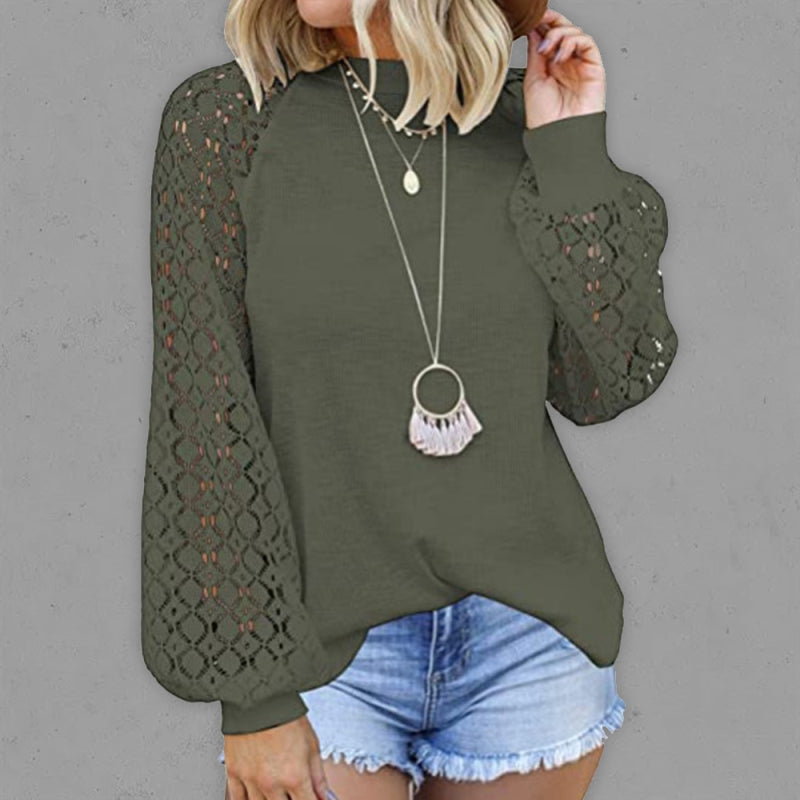 Ashly Waffle Round Neck Long Sleeve Lace Panel Loose T-Shirt