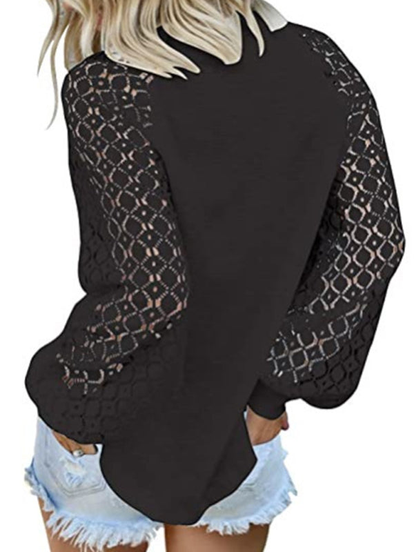 Ashly Waffle Round Neck Long Sleeve Lace Panel Loose T-Shirt