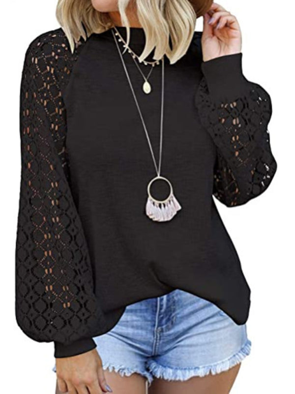 Ashly Waffle Round Neck Long Sleeve Lace Panel Loose T-Shirt
