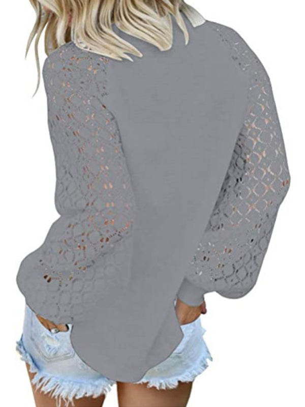 Ashly Waffle Round Neck Long Sleeve Lace Panel Loose T-Shirt