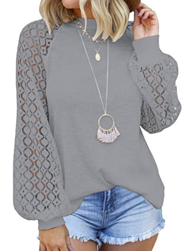 Ashly Waffle Round Neck Long Sleeve Lace Panel Loose T-Shirt