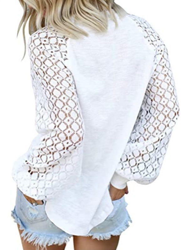Ashly Waffle Round Neck Long Sleeve Lace Panel Loose T-Shirt