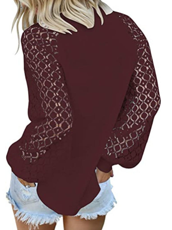 Ashly Waffle Round Neck Long Sleeve Lace Panel Loose T-Shirt