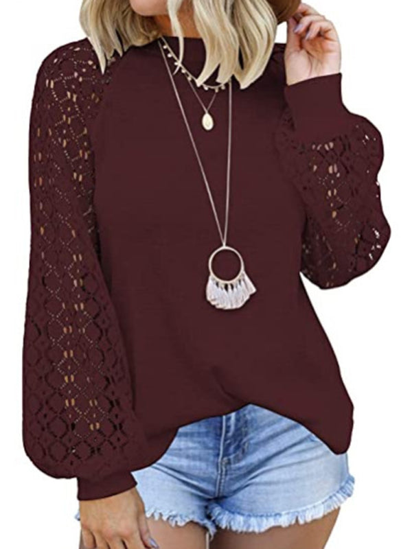 Ashly Waffle Round Neck Long Sleeve Lace Panel Loose T-Shirt