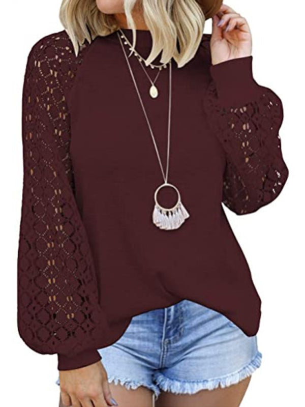 Ashly Waffle Round Neck Long Sleeve Lace Panel Loose T-Shirt