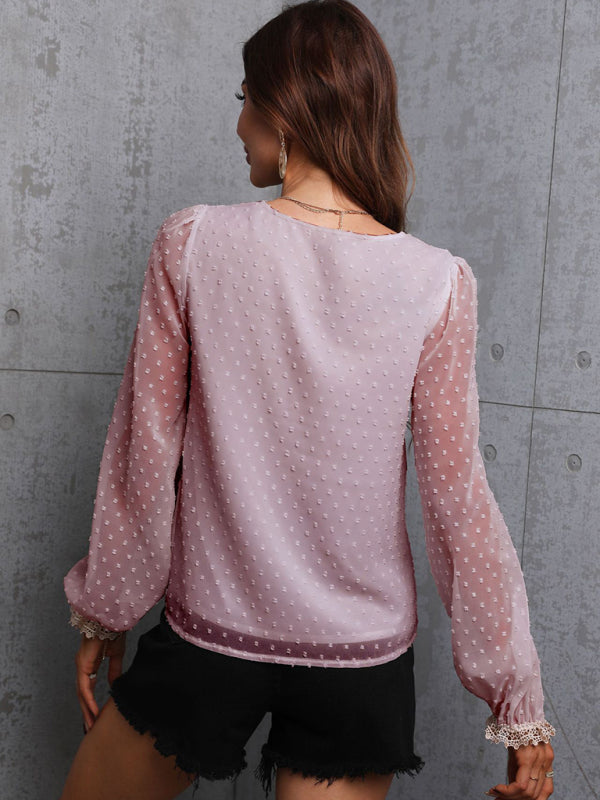 Indie Chiffon Solid Color Stitching Lace Long-Sleeved Shirt Commuting Top