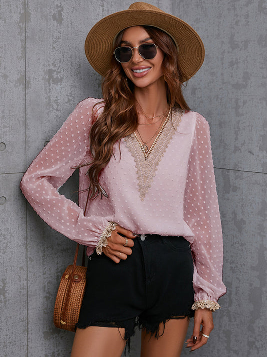 Indie Chiffon Solid Color Stitching Lace Long-Sleeved Shirt Commuting Top