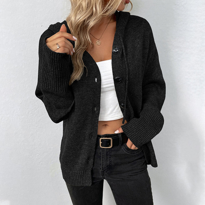 Lena Solid Color Hooded Single-Breasted Drawstring Knit Cardigan Sweater Jacket