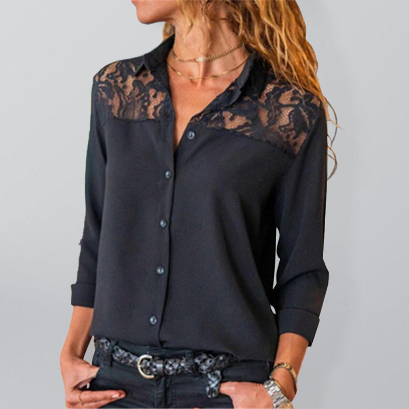Idalia Women's Solid Color Lace Panel Long Sleeve Shirt