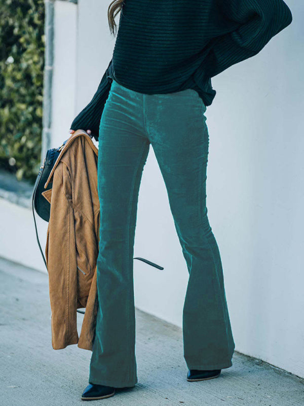 Aylin Solid Color High Waist Slim Flared Pants Corduroy Elastic Waist Casual Pants