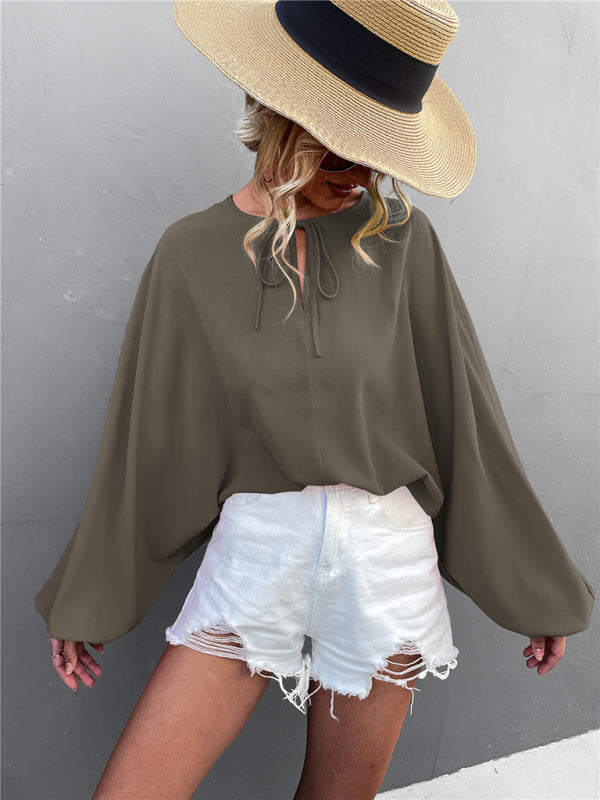 Evonne Women's Woven Balloon Sleeve Tie V-Neck Loose Casual Shirt