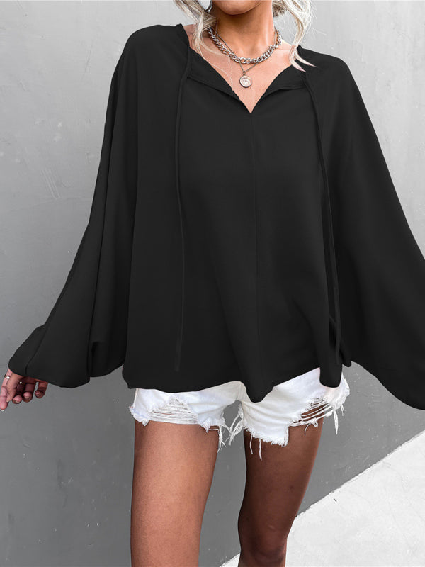 Evonne Women's Woven Balloon Sleeve Tie V-Neck Loose Casual Shirt