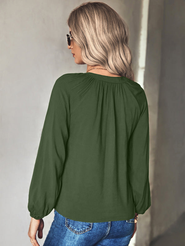 Faiza Women's Woven Elegant V-Neck Long-Sleeved Shirt