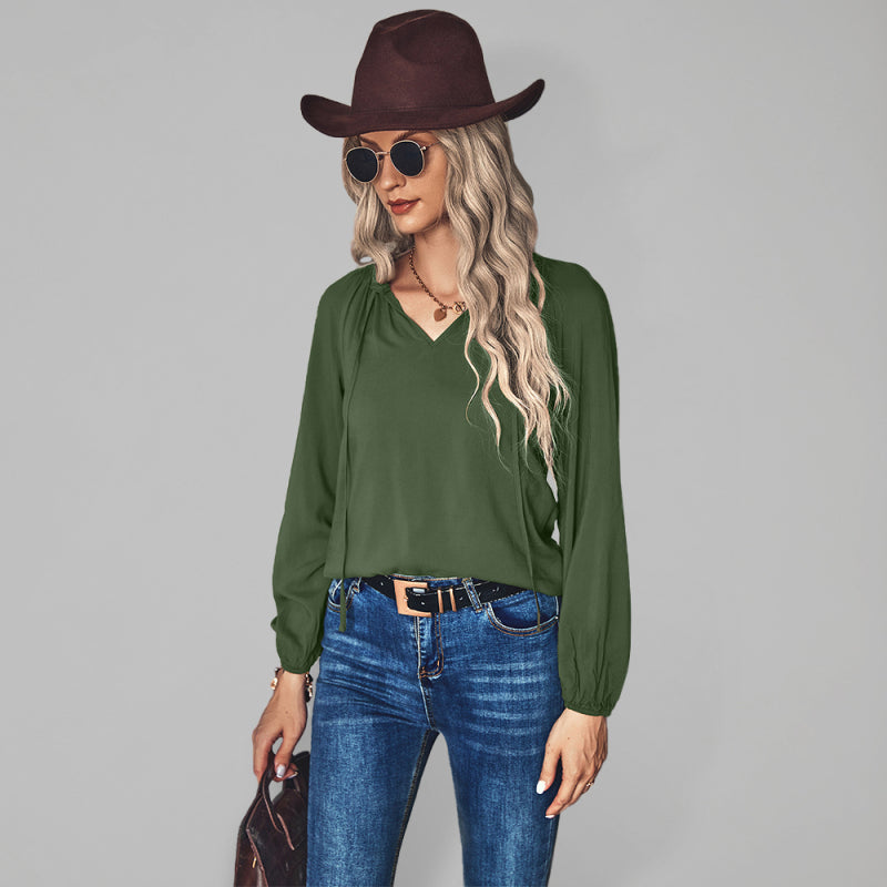 Faiza Women's Woven Elegant V-Neck Long-Sleeved Shirt