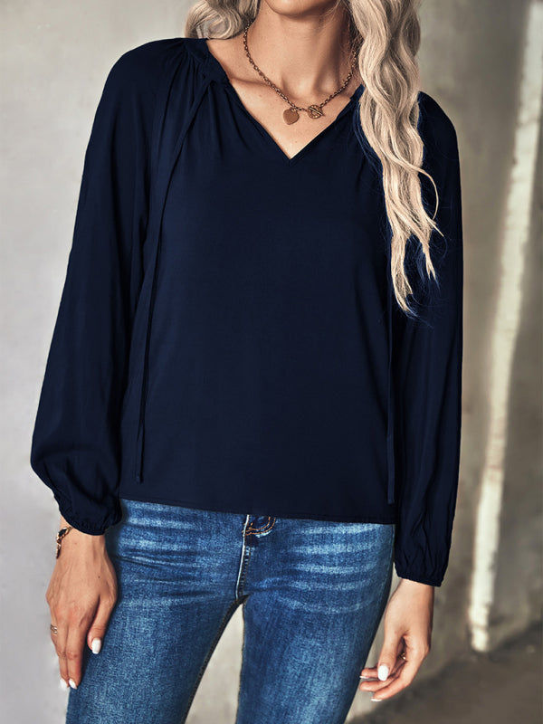 Faiza Women's Woven Elegant V-Neck Long-Sleeved Shirt