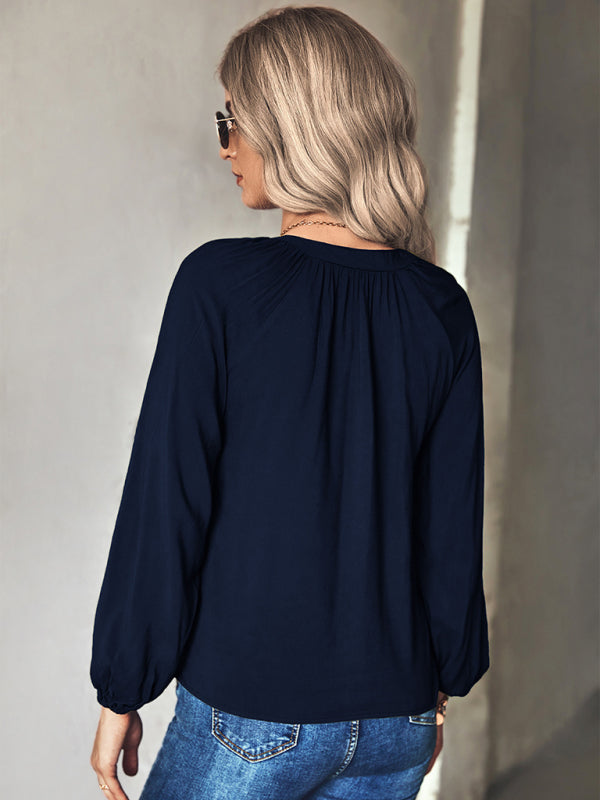 Faiza Women's Woven Elegant V-Neck Long-Sleeved Shirt