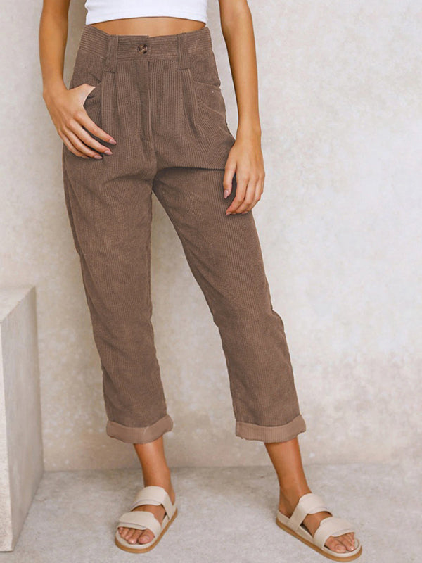 Mylah High Waist Lounge Pants Solid Color Corduroy Loose Straight Leg Trousers